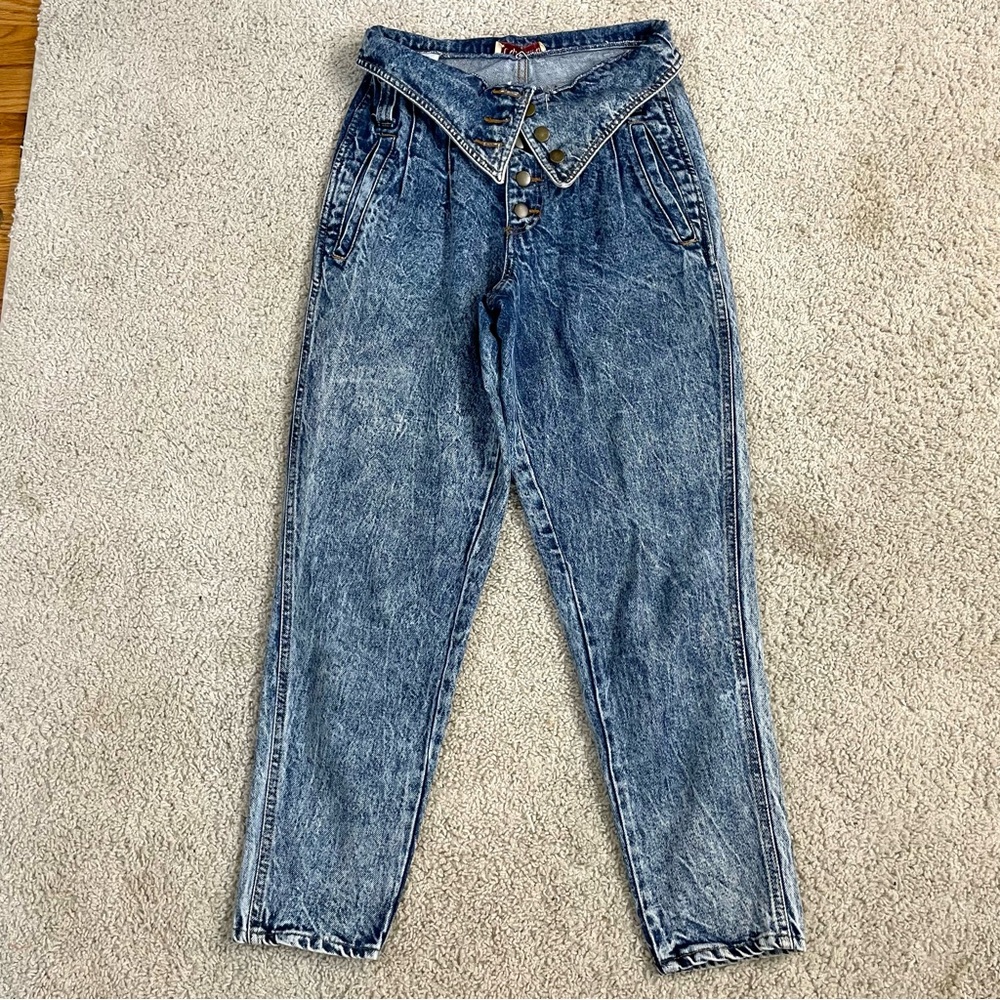 Womens CAP FERRAT Vintage 80's HIGH WAISTED Tapered ACID WASHED Button Fly JEANS